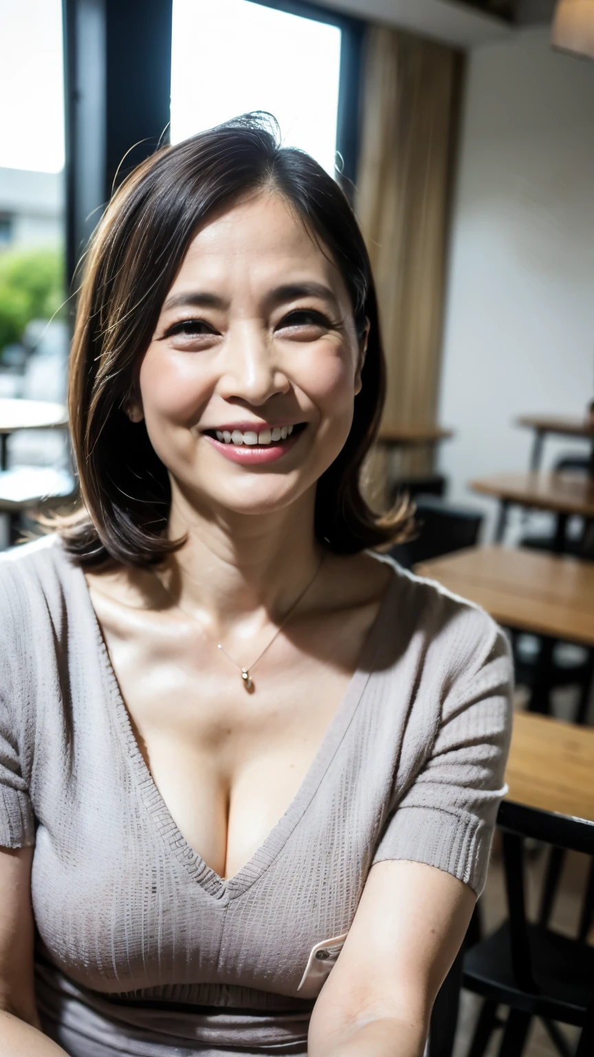 8k wallpaper, masterpiece, Highest quality, Super detailed, One Mature Woman, 50 years old, Become very clear, Wearing a short-sleeved knit, Skin dents, Captivating smile, Looking at the audience, Cleavage, plump, Curvaceous, Fascinating face, Smiling with teeth showing, Wrinkles around the eyes, Sitting in a cafe, Background Blur