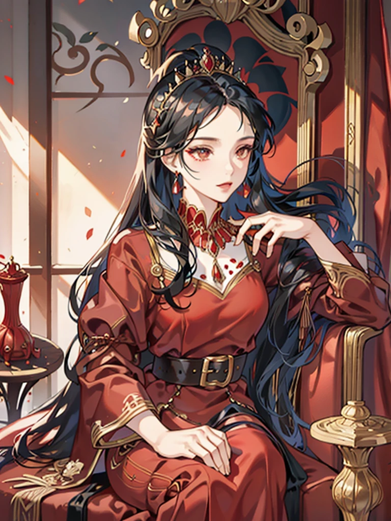 Queen,red,Majesty,Golden crown,long black hair,Western style palace,Overlooking,red velvet cloak,red black silk dress,Queen Clothing,throne,Adults