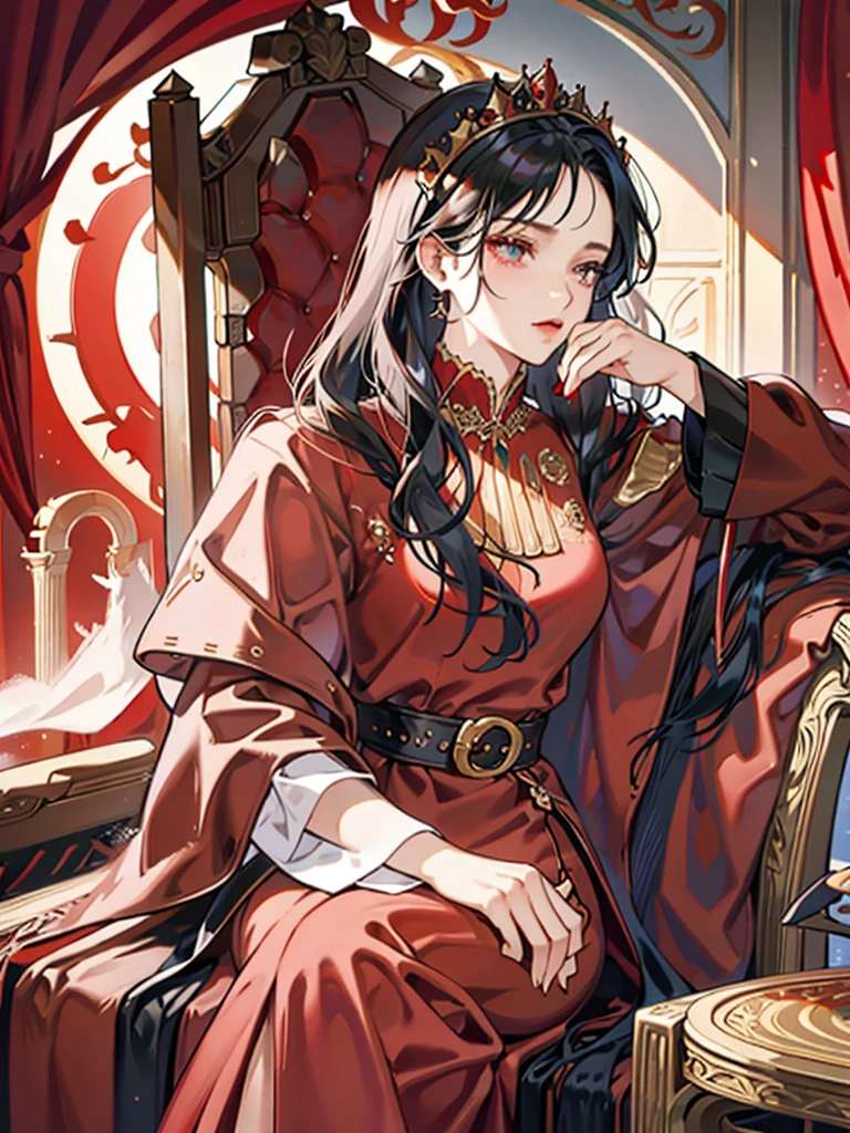 Queen，red，Majesty，Golden crown，long black hair，Western style palace，Overlooking，red velvet cloak，red black silk dress，Queen Clothing，throne，Adults 