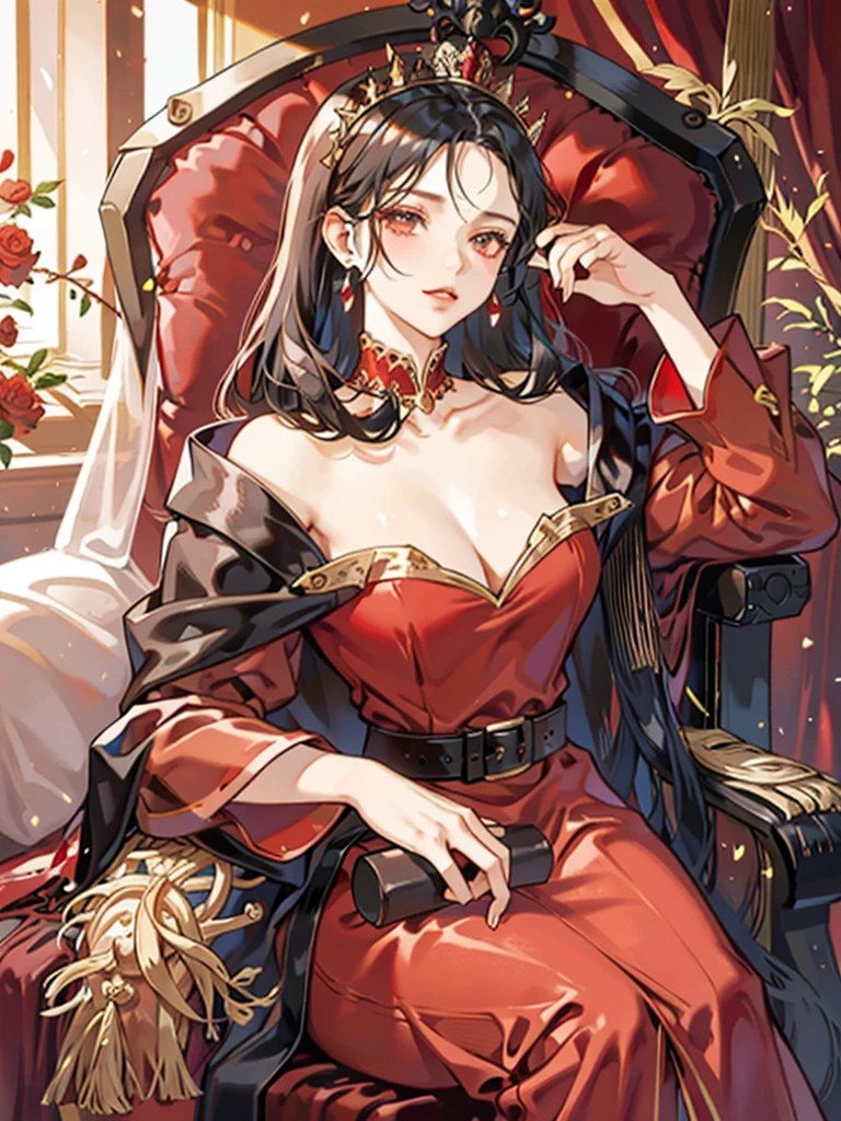 Queen，red，Majesty，Golden crown，long black hair，Western style palace，Overlooking，red velvet cloak，red black silk dress，Queen Clothing，throne，Adults 