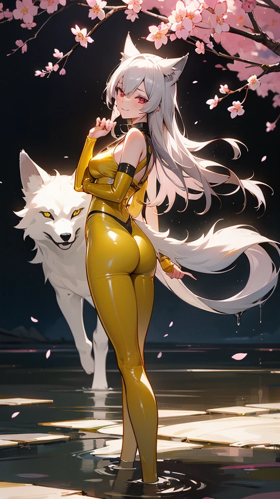 A captivating anime-inspired portrait of a young woman with wolf ears, gray hair, and pink eyes. She is dressed in a skin-tight, shiny yellow latex top iconic to Kill Bill, with a plunging neckline and a seductive design. A mischievous smile adorns her face and a fox tail peeks out from behind her knee. The lighting of the scene highlights her wet body. The background features a tranquil Japanese setting, with cherry blossoms falling gently around her. The overall atmosphere of the image is vibrant and seductive, highlighting the character's confident and enchanting presence.