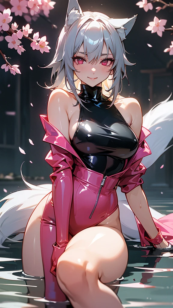 A captivating anime-inspired portrait of a young woman with wolf ears, gray hair, and pink eyes. She is dressed in a skin-tight, shiny yellow latex top iconic to Kill Bill, with a plunging neckline and a seductive design. A mischievous smile adorns her face and a fox tail peeks out from behind her knee. The lighting of the scene highlights her wet body. The background features a tranquil Japanese setting, with cherry blossoms falling gently around her. The overall atmosphere of the image is vibrant and seductive, highlighting the character's confident and enchanting presence.