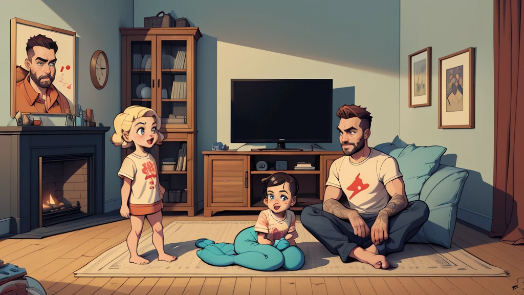 Traditional family in a traditional house, Fallout game image style Fallout clothes Cartoon image of a family indoors,  playing on the floor with a stroller, mother cooking, father sitting in the living room watching television. cartoon style illustration, cartoon art style, digital illustration style, highly detailed character design, perfectly detailed faces, cute detailed digital art,, Portrait character design, beautiful digital illustration, high quality portrait, Art comics, full body