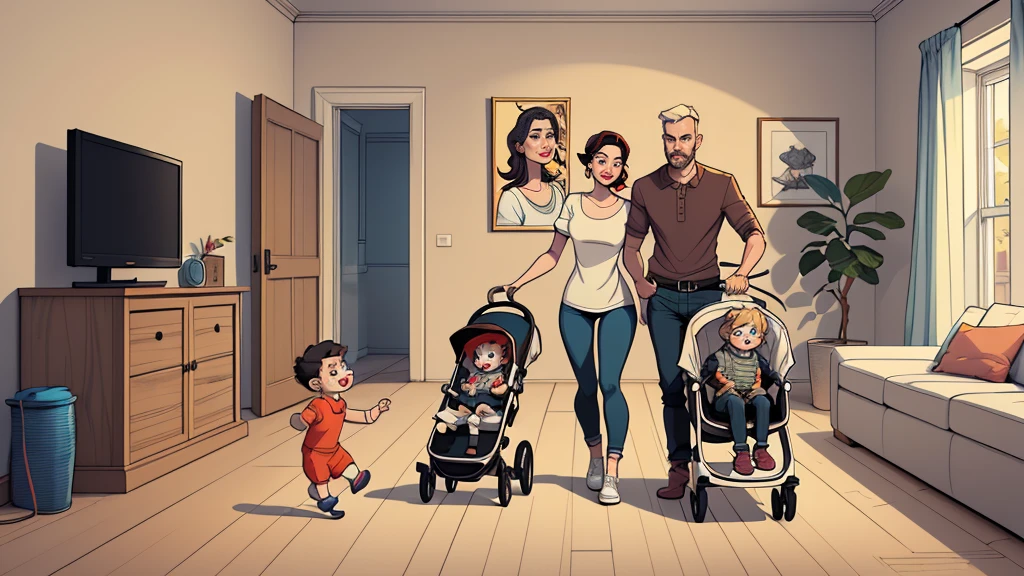 Traditional family in a traditional house, Fallout game image style Fallout clothes Cartoon image of a family indoors,  playing on the floor with a stroller, mother cooking, father sitting in the living room watching television. cartoon style illustration, cartoon art style, digital illustration style, highly detailed character design, perfectly detailed faces, cute detailed digital art,, Portrait character design, beautiful digital illustration, high quality portrait, Art comics, full body