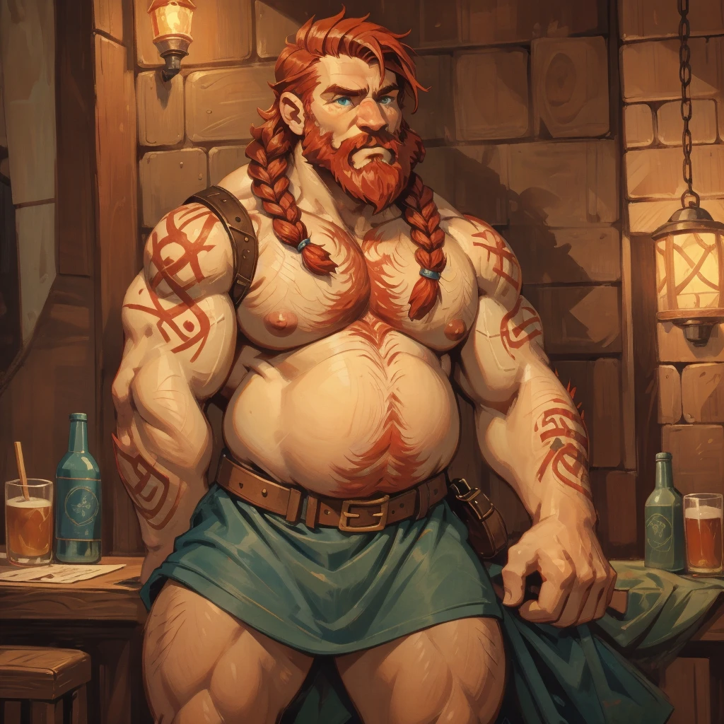 man, Viking, An old face, short stature, a big nose, Age 60 years, strong, thick, big breasts, big belly, Red hair, large red beard braided into three braids, thick body hair, густые Red hair на груди, густые Red hair на животе, густые Red hair на лобке, густые Red hair на яйцах, thick hair on arms, thick hair on legs, tattoos on body, Tattoos on the torso, drunk face, naked torso, !in a very short skirt made of dark green fabric!, the skirt is held up by a leather belt with a gold buckle, dick sticking out from under skirt, in the pub, night, dim light from a warm lamp, holding a wooden mug in his hand, Very drunk, sleepy look, drunk look, Blue eyes, very embarrassed, very tight skirt, Very short skirt, very short skirt