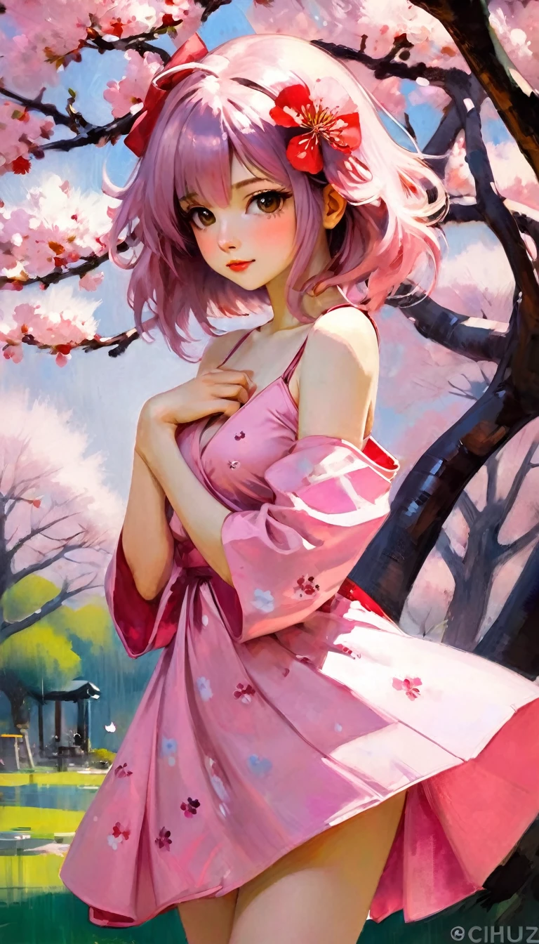 1 sexy girl, Sakura in mr villian day off, hair medium to shoulder, hair pink, with 2 sakura flower on the hair, wearing a cute pink dress, background is filling with a sakura flower and one sakura tree, pose standing wish under the tree, Soft, kawaii, detail,bichu, oil painting, impressionism (art inspired by Bill Sienkiewicz ). oil painting)
