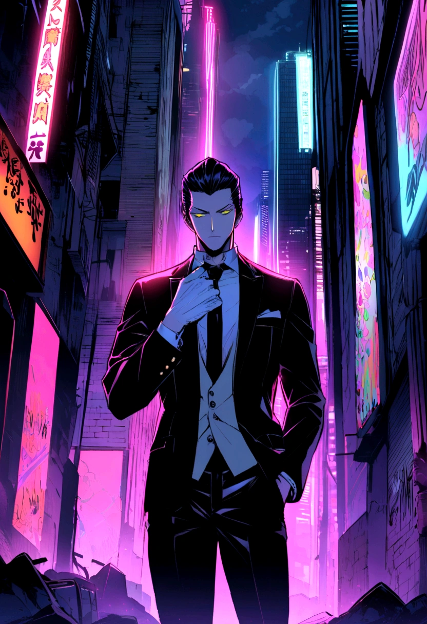 "Create an anime-style image of a gangster in a modern cityscape at night. He has sharp, stylish features with slicked-back hair and is wearing a sleek, tailored suit with a loosened tie. He stands confidently in a dimly lit alleyway, with neon lights from signs and buildings casting colorful glows around him. In one hand, he holds a futuristic-looking gun, and in the other, a burning cigarette. The background features towering skyscrapers, graffiti on the walls, and a sense of edgy urban atmosphere. The character exudes a mix of danger and cool charisma."