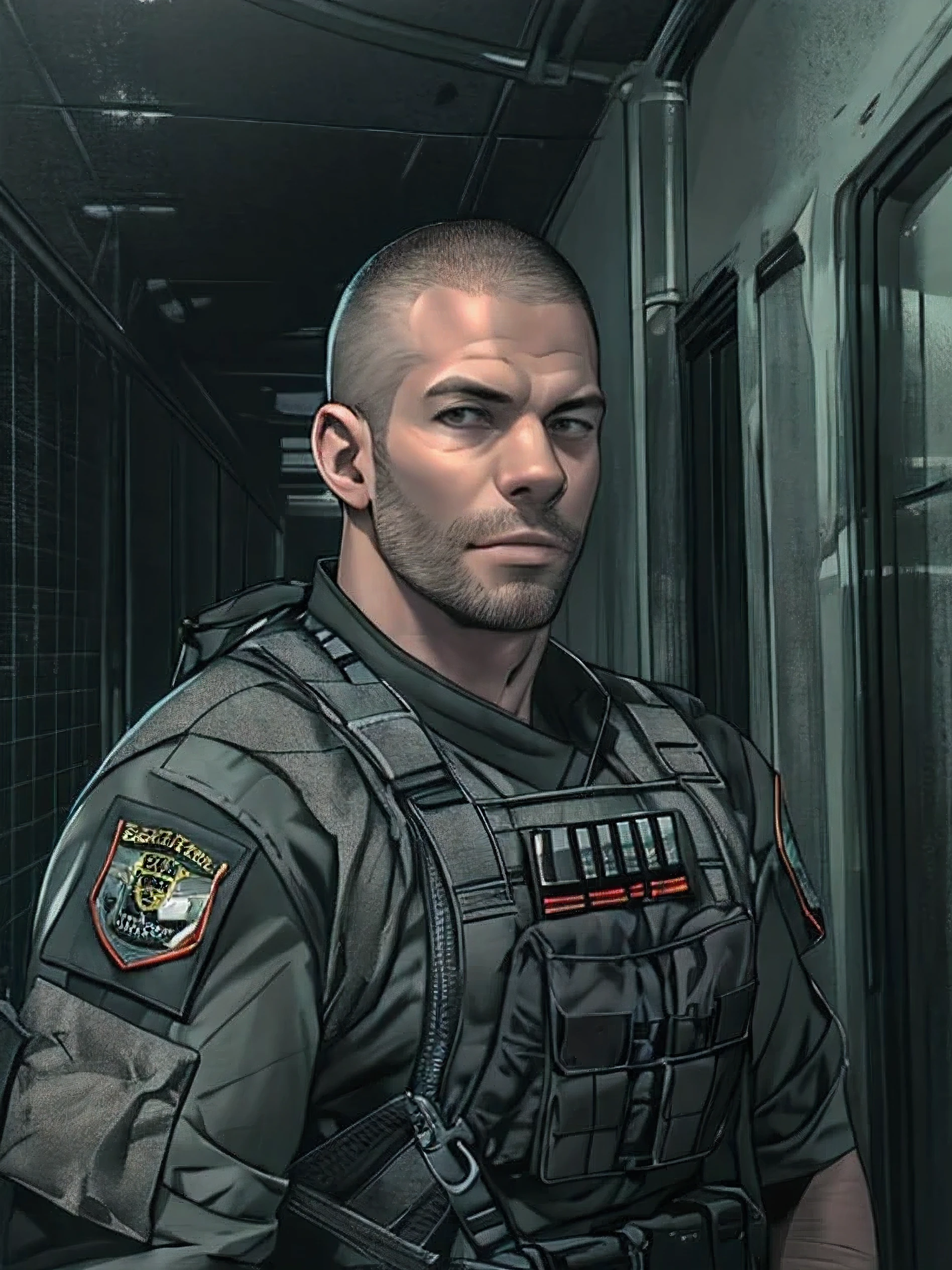 1 man, solo, 35 year old, pivaarts, wearing grey T shirt, smirks, black color on the shoulder and a bsaa logo on the shoulder, millitary tactical suit, tall and hunk, biceps, abs, chest, best quality, masterpiece, high resolution:1.2, upper body shot, dark black gloomy hallway with not background