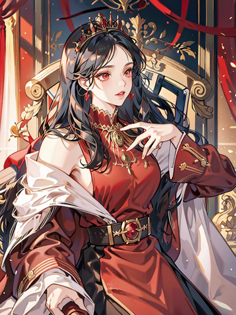 Queen，red，Majesty，Golden crown，long black hair，Western style palace，Overlooking，red velvet cloak，red black silk dress，Queen Clothing，throne，Adults 