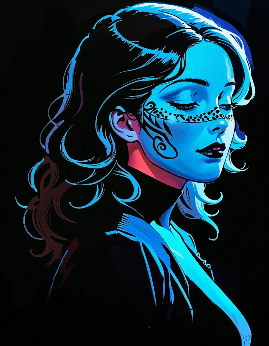 in style of graphic novel , portrait，in style of Joelle Jones, UV light mask face character, ink art, side view
