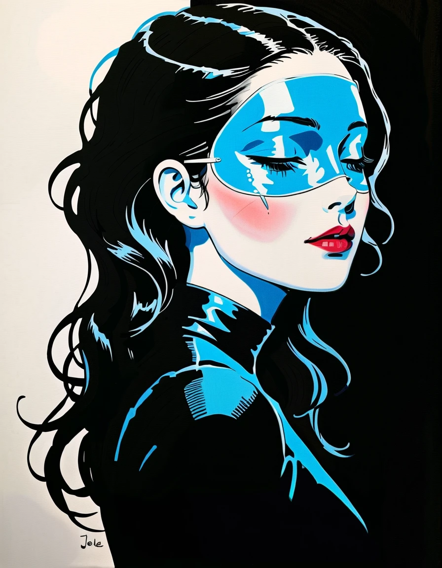 in style of graphic novel , portrait,in style of Joelle Jones, UV light mask face character, ink art, side view