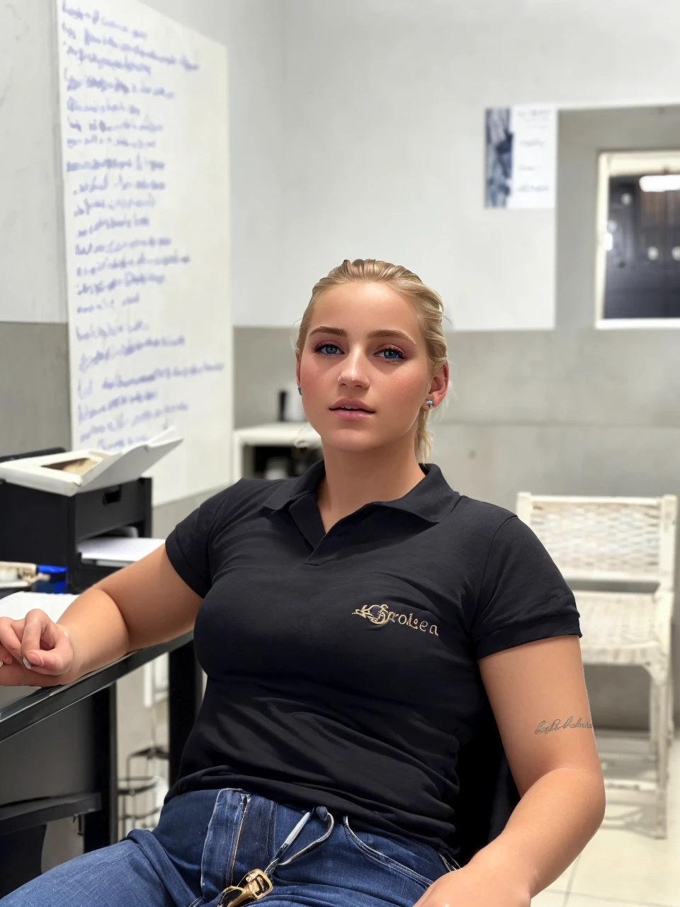 ((best quality)), ((ultra res)), ((photorealistic)), (intricate details), 19 years old, blonde hair, perfect face, make up:1.5, light on face, face detail, ?????, short hair,