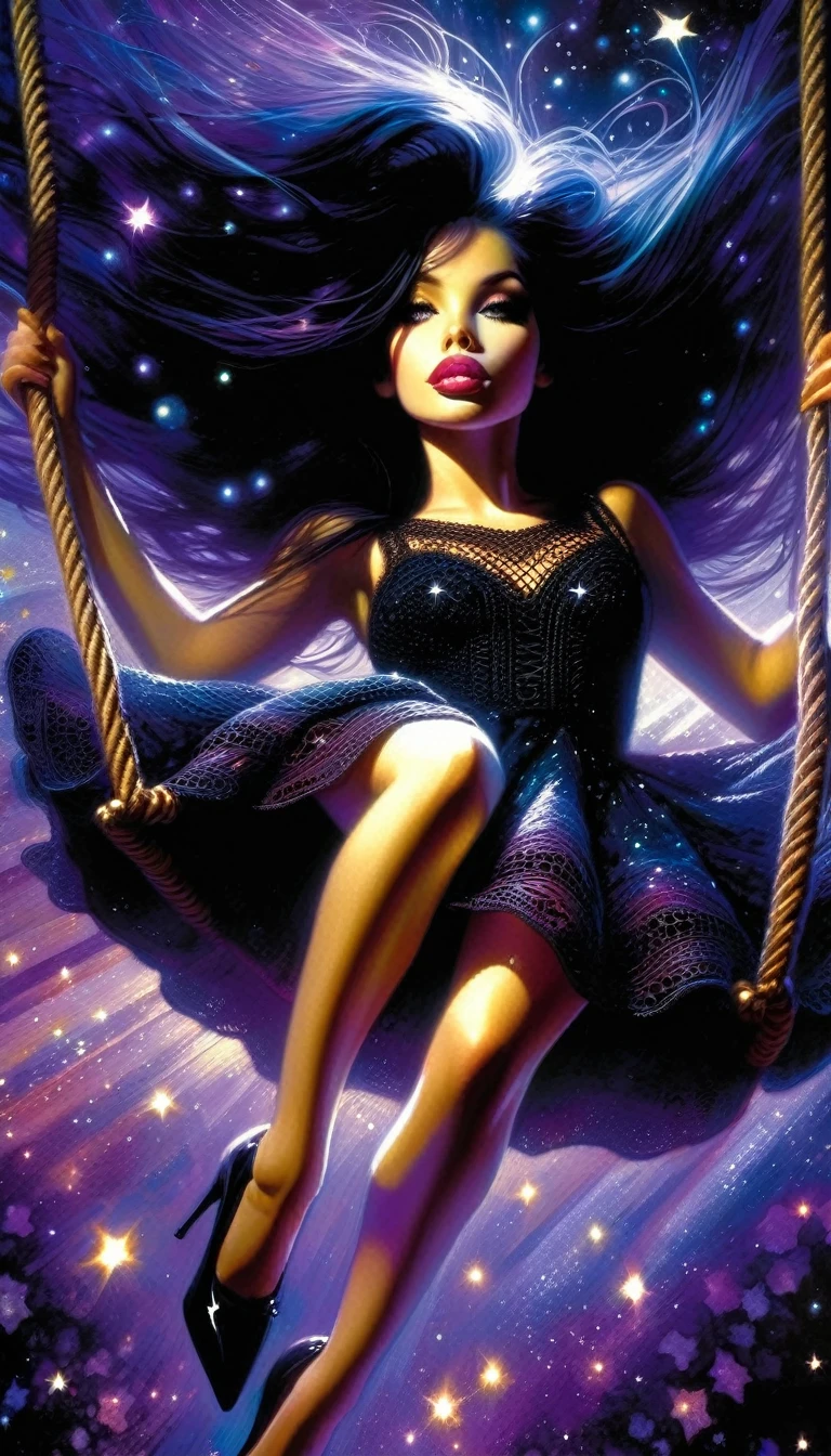 a very sexy long haired girl in a black crochet dress riding a swing in the air, 1 girl, alone, purple dress, swing, starlight, stars, watercolor, oil painting, whimsical, fantasy, (best quality,4k,8k,highres,masterpiece:1.2),ultra-detailed,(realistic,photorealistic,photo-realistic:1.37),extremely detailed eyes and face, beautiful detailed lips, longeyelashes, conceptart, dramatic lighting, glowing, magical, ethereal, surreal, , art inspired by Bill Sienkiewicz