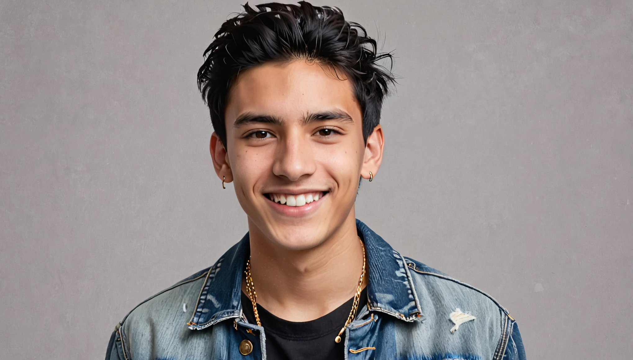 Create an image of a not very handsome young man, with black hair, short and unkempt, wearing a denim jacket and a black t-shirt underneath. He must be wearing small earrings in both ears and a necklace. The young man must be smiling, conveying a friendly and warm expression, looking at the camera, facing the camera, centralized no frame, sem cortes. In the background of the young man a solid neutral color. Solid light gray Background