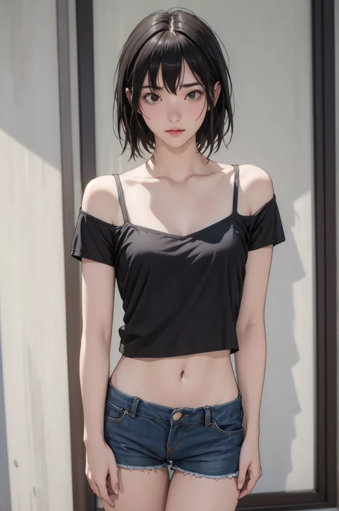 ((masterpiece, best quality)),((highres:1.2)), 1 Girl, solo, Cowboy Shot, Blurred Background, (((Small breasts))), Thighs, (camisole), Off the shoulder, (short pants)