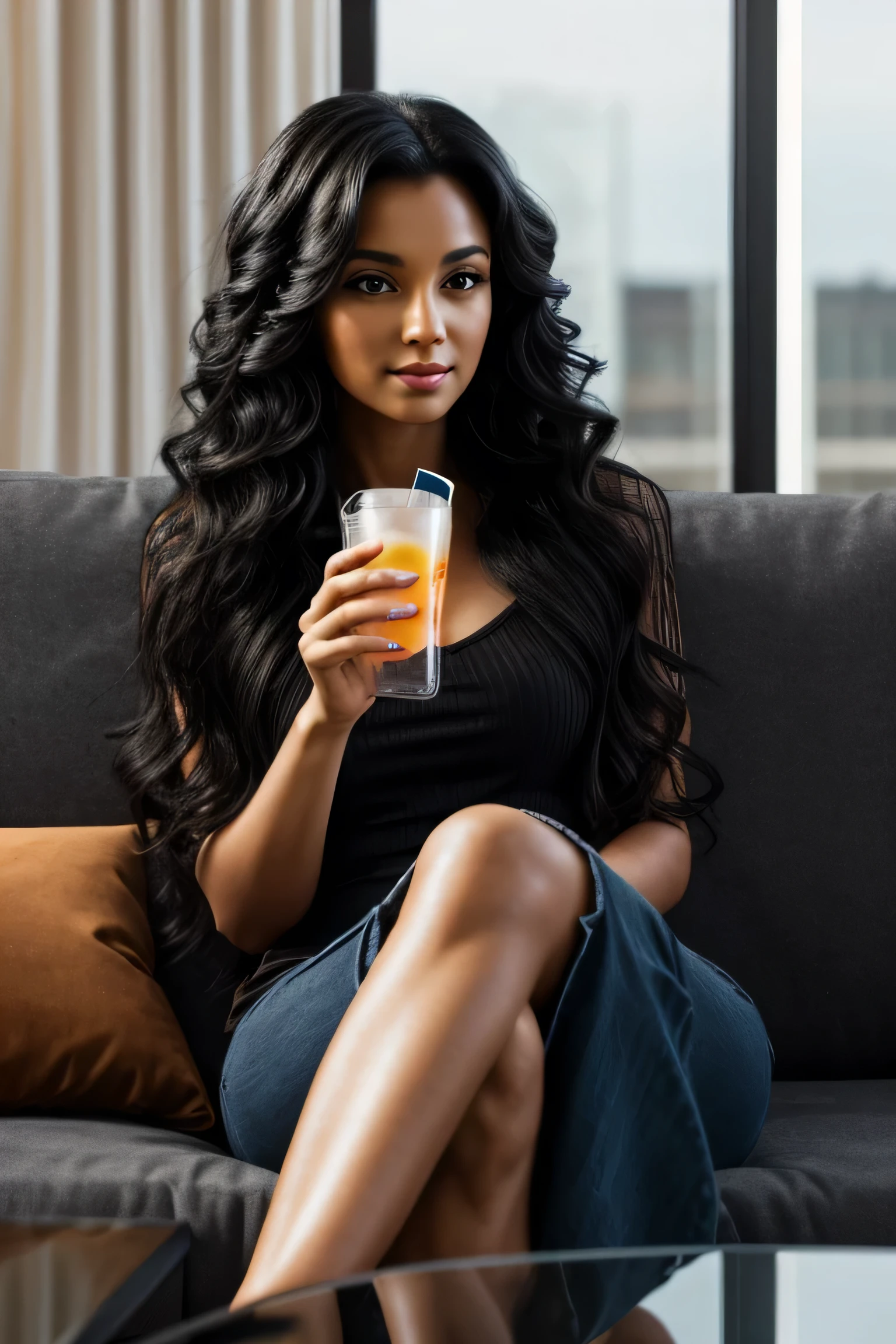 Woman, long curly black hair, sitting on a sofa, with a glass of soft drink, looking at the camera, photorealistic