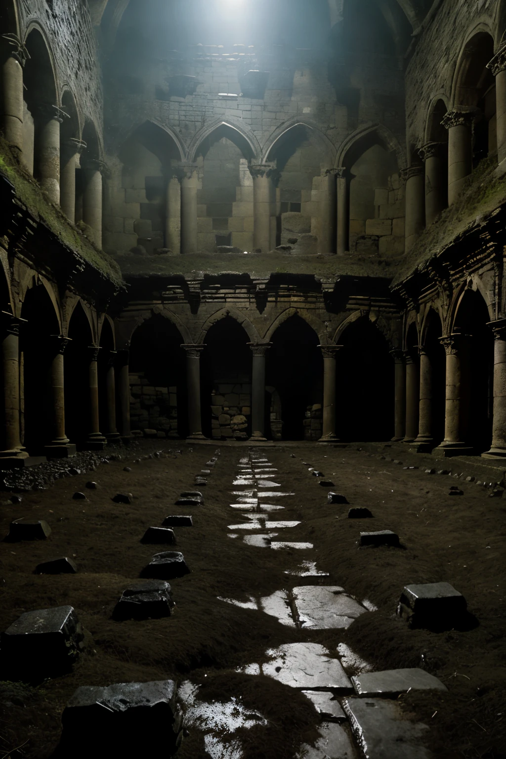 An expansive field of dark, rotten earth within a sprawling, ancient medieval dungeon. The soil is black and decayed, stretching out over an enormous area. The dungeon is cloaked in darkness, with walls barely discernible in the deep shadows. The atmosphere is thick with mystery and an ancient malevolence, creating a haunting, eerie scene.