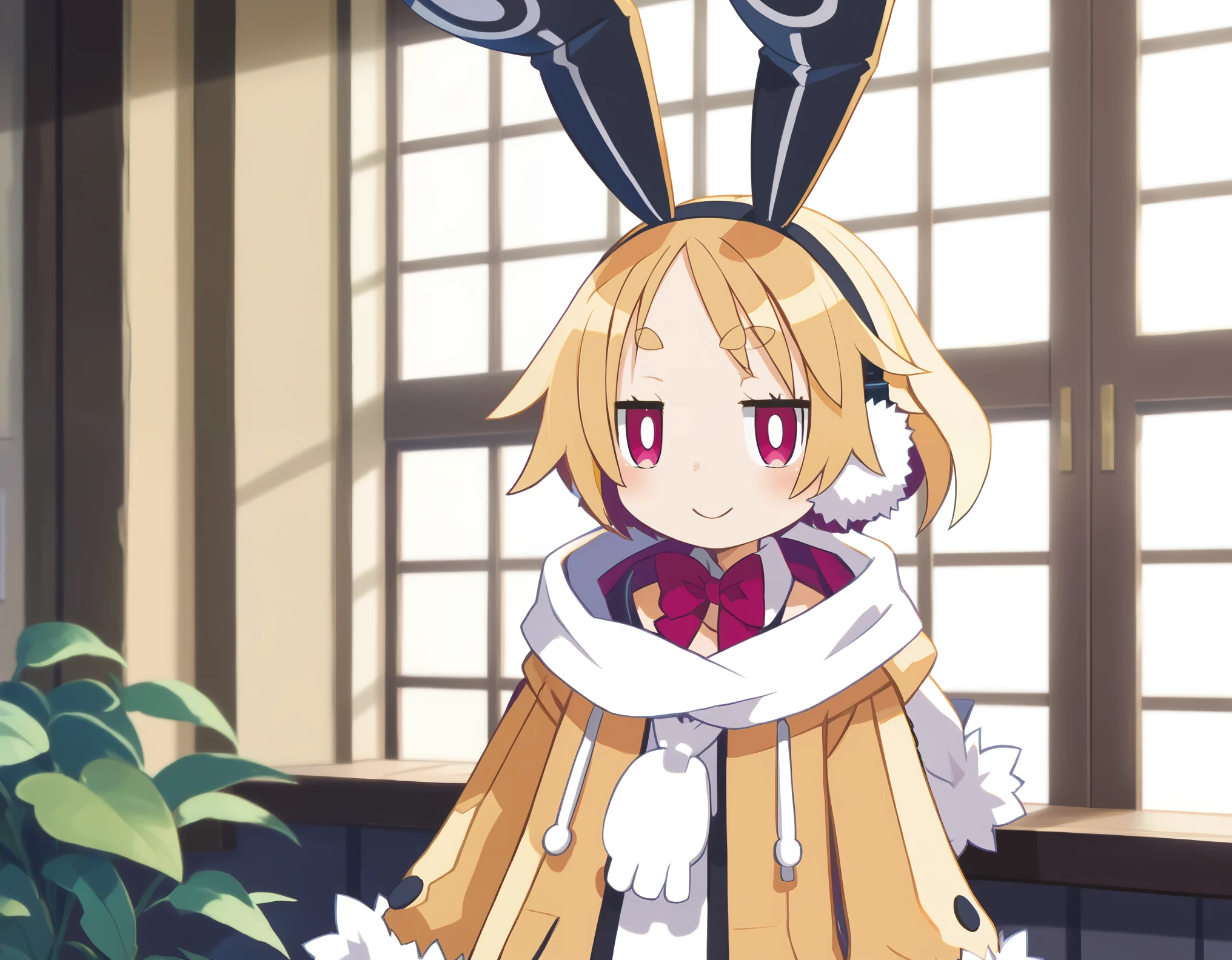 score_9, score_8_up, score_7_up, score_6_up, score_5_up, score_4_up , anime coloring ,BREAK source_anime, anime,screencap,
1girl, solo, usalia, fake rabbit ears, red bowtie, black pantyhose, black hairband, jitome, white leotard, white scarf, fur-trimmed jacket, yellow jacket, fur-trimmed sleeves, hooded jacket, white earmuffs, indoors,smile, upper body, looking at viewer,harada takehito