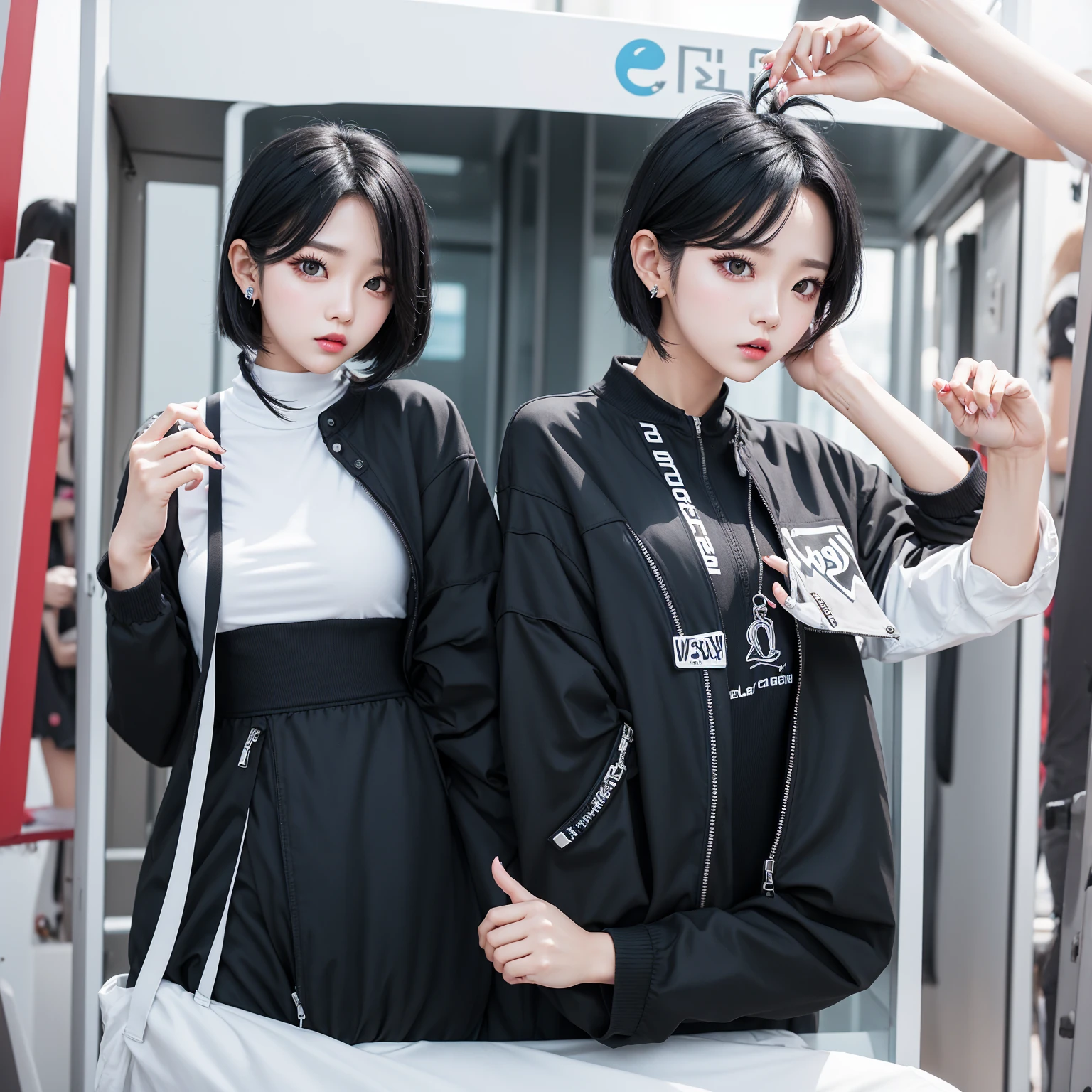 Create a fun look with Kpop emotion with straight black hair with the Twice outfit