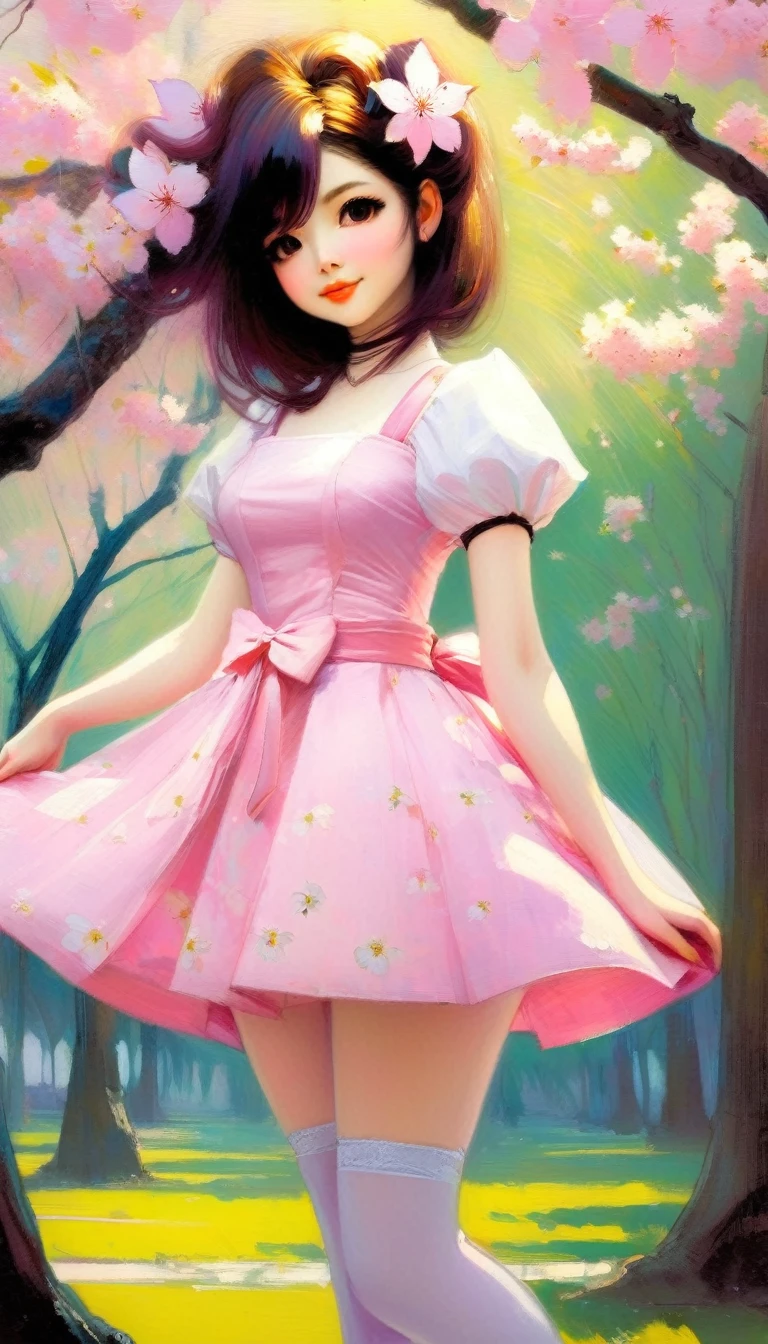 1 sexy girl, Sakura in mr villian day off, hair medium to shoulder, hair pink, with 2 sakura flower on the hair, wearing a cute pink dress, background is filling with a sakura flower and one sakura tree, pose standing wish under the tree, Soft, kawaii, detail,bichu, oil painting, impressionism (art inspired by Bill Sienkiewicz ). oil painting)
