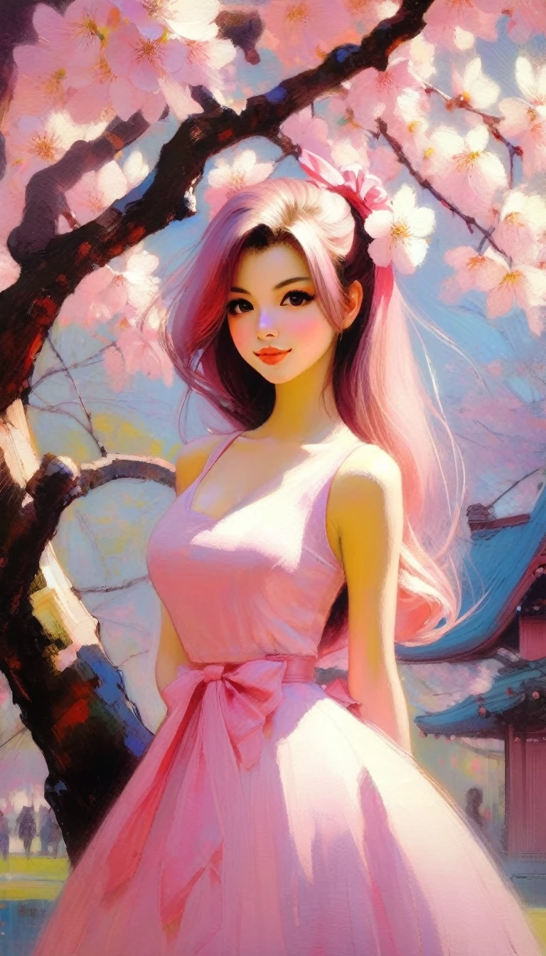 1 sexy girl, Sakura in mr villian day off, hair medium to shoulder, hair pink, with 2 sakura flower on the hair, wearing a cute pink dress, background is filling with a sakura flower and one sakura tree, pose standing wish under the tree, Soft, kawaii, detail,bichu, oil painting, impressionism (art inspired by Bill Sienkiewicz ). oil painting)