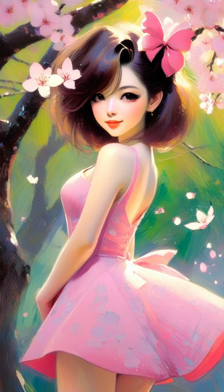 1 sexy girl, Sakura in mr villian day off, hair medium to shoulder, hair pink, with 2 sakura flower on the hair, wearing a cute pink dress, background is filling with a sakura flower and one sakura tree, pose standing wish under the tree, Soft, kawaii, detail,bichu, oil painting, impressionism (art inspired by Bill Sienkiewicz ). oil painting)