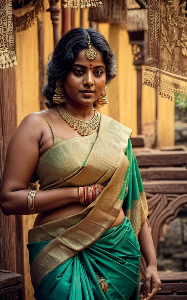 An Extremely gorgeous and beautiful Bengali village woman, 45 yo, pale white skin, sensual appealing body, perfect thick and chubby Beauty, wearing saree bare-chested, curvy, sexy navel folds, fleshy figure, Bengali village style saree, wearing a Bengali-style saree without a blouse,, ethnic vintage bengali village woman, bengali style saree, The sari was worn without a blouse and petticoat before the British Raj, baring one's chest or being blouseless, simple village ornaments, Bengalis a.k.a. Bongs are known for their unique Bengali fashion sense (the way they don that sari makes you go wow), Pre British Raj, Pre colonial era, Bengali Woman draping sari without blouse is a normal thing in pre British Era, bong woman, fine Art photography, artistic photography, sensually appealing, insane details, ethnic traditional beauty,