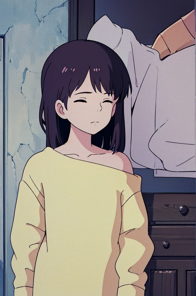 ((best quality)), ((masterpiece)), (detailed), 1girl, off-shoulder sweater, falling asleep standing