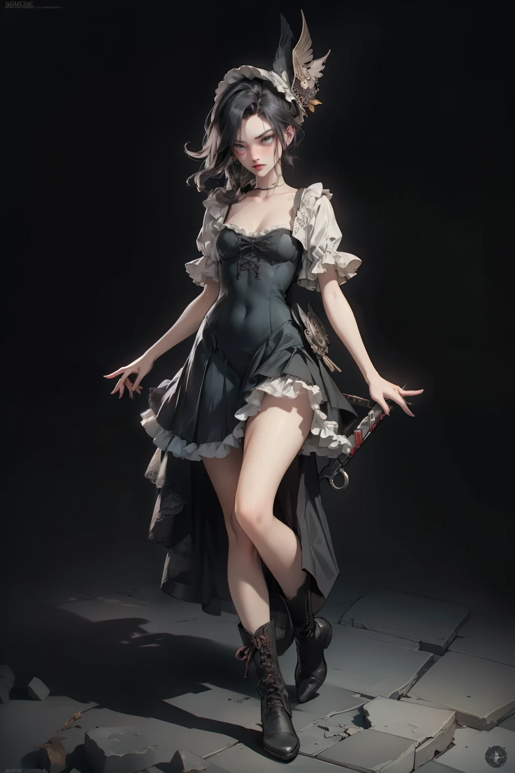  ((best quality)), ((masterpiece)), (detailed), very skinny, prominent collarbones, skinny arms, flat stomach, visible hip bones, red and white clothing, Bloodborne inspired, occult aesthetic, occult, detailed and intricate steampunk and detailed gothic, NSFW, Very dramatic and cinematic lighting, cosmic horror, grim-dark, side-lighting, perfect face, NSFW, Fluttering lace flared long knee length dress with frilly petticoats, knee length dress, pleated petticoats, lolita dress, petticoats gothic lolita, complex lace boots, side-lighting, gothic lolita aesthetic, wielding a mighty sword with mechanical components, carbine, NSFW, beautiful small breasts, small breasts, full body, whole body, body, NSFW, full body, whole body, head-to-toe NSFW 