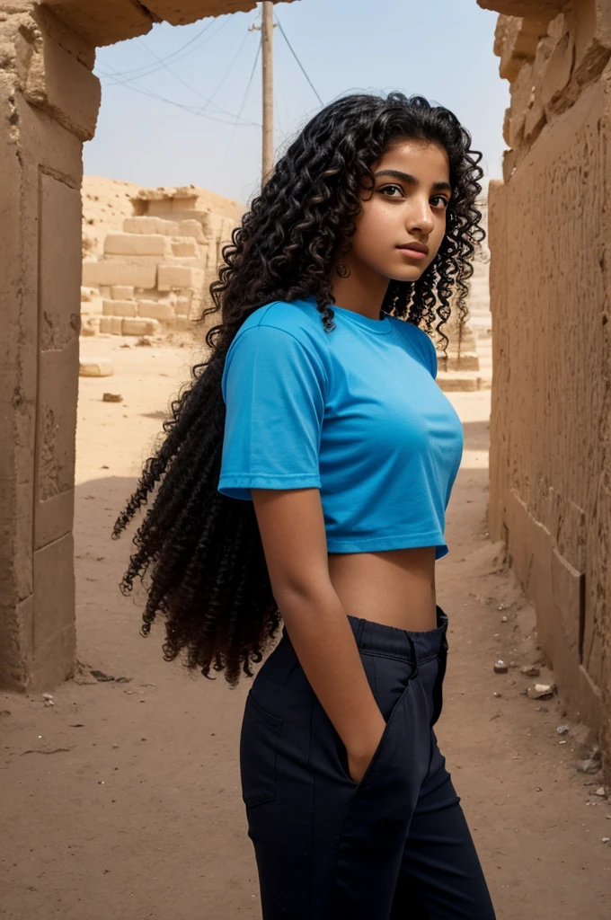 An Egyptian girl between 14 and 15 years old, her hair is curly, she wears a tight blue T-shirt and black trousers, her skin color is erased, and her eyes are like a gazelle’s.