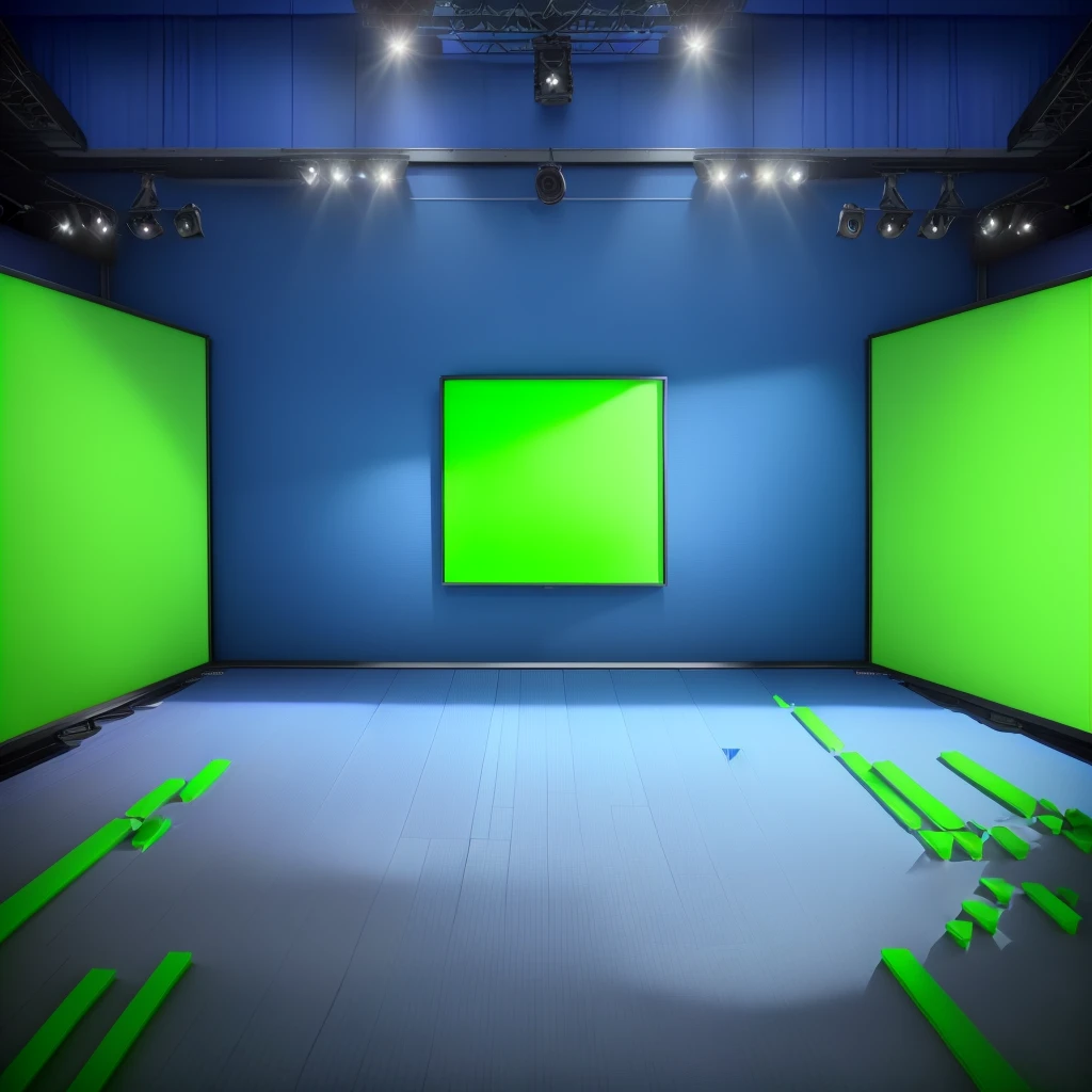 empty news studio with green screen and blue lighting, virtual set, tv studio, studio fund, plain studio fund, tv screens in fund, fund environment. 8K, green screen fund, studio 4 k, gradient studio fund, news broadcast, fund(solid), solid fund, large led screens, studio scenery, inside a large studio, random fund scene