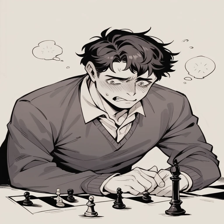 Nervous man bluffing while playing chess Perfect board