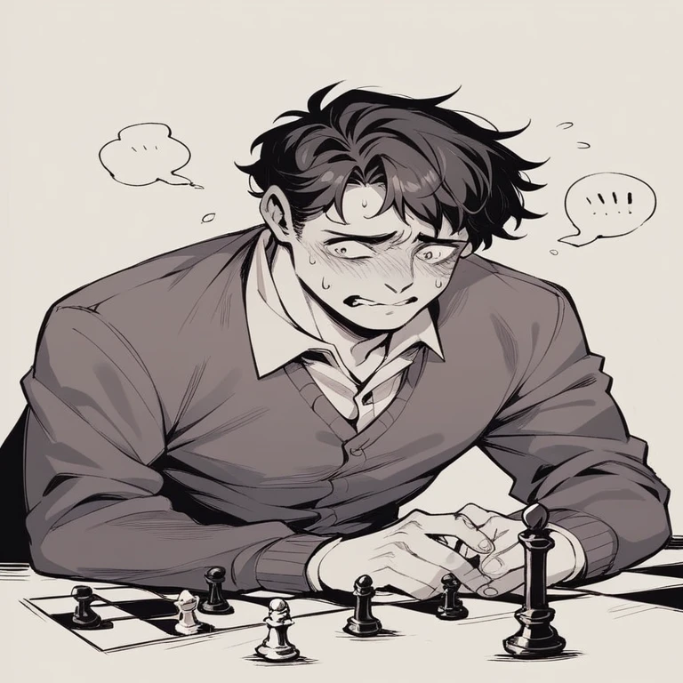Nervous man bluffing while playing chess Perfect board