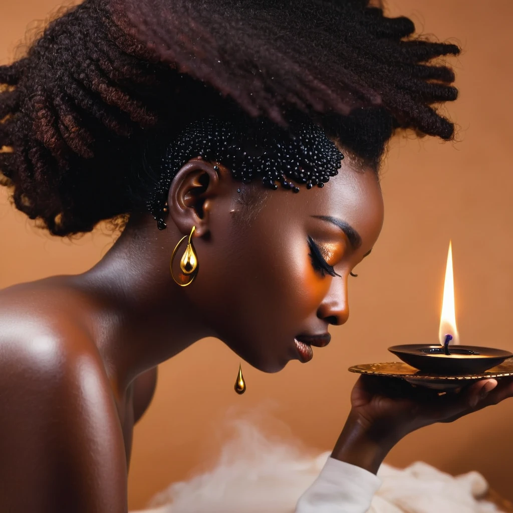 aerial shot, from behind, the back of a black woman falling a drop from an aromatic massage candle, with a drop falling on the back of a black woman, close up, album cover, ultra quality, masterpiece, candles, afrofuturism, afrofuturism fashion