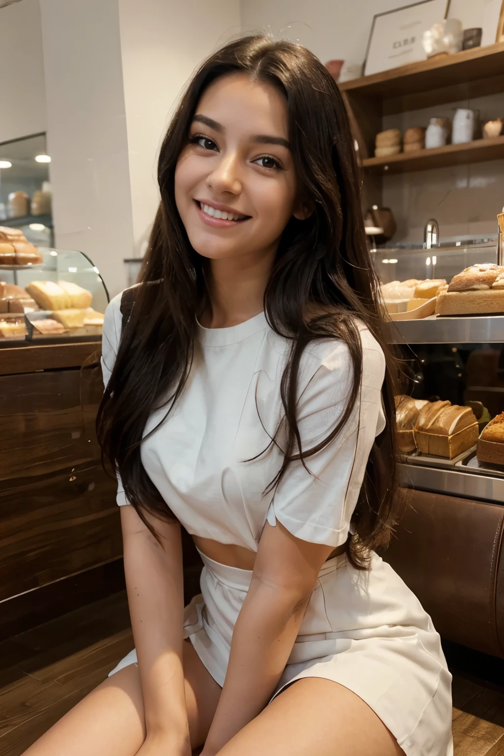 realistic, highres:1.2, ultra-detailed), a 19-year-old girl with long and black hair, beautifully styled and flowing, styled in a natural way. This girl has a radiant smile and expressive, deep brown eyes that captivate the viewer's attention. Her eyes are mesmerizing and full of life, with long and thick lashes. Sitting in a bakery with a cake and coffee