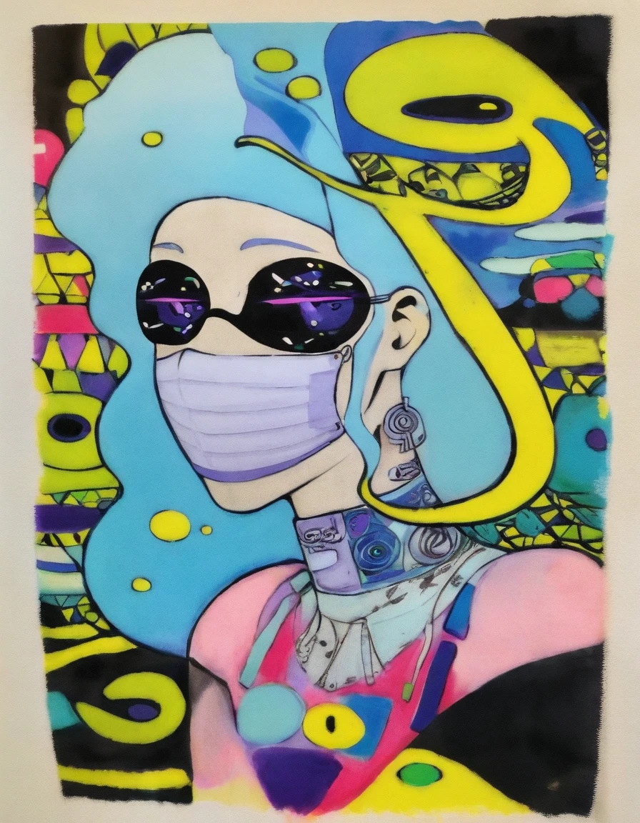in style of graphic novel , portrait,in style of Joelle Jones, UV light mask face character, ink art, side view