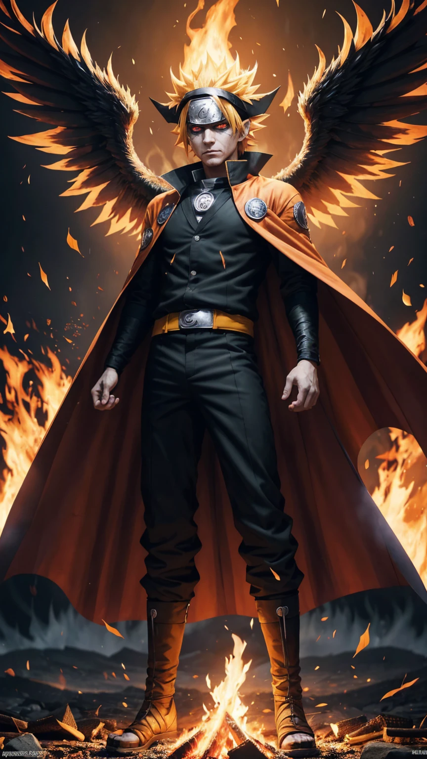 a man with wings and a cape on his head standing in front of a fire, fire!! full body, joker as naruto, nine tails, naruto artstyle, anime wallaper, naruto uzumaki, from naruto, hd anime wallaper, 4 k manga wallpaper, badass anime 8 k, epic anime style, pain from naruto, blazing infero