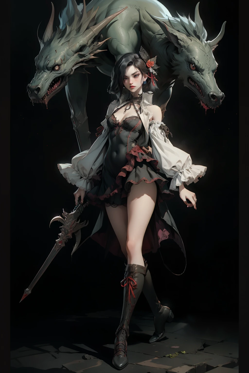  ((best quality)), ((masterpiece)), (detailed), very skinny, prominent collarbones, skinny arms, flat stomach, visible hip bones, red and white clothing, Bloodborne inspired, occult aesthetic, occult, detailed and intricate steampunk and detailed gothic, NSFW, Very dramatic and cinematic lighting, cosmic horror, grim-dark, side-lighting, perfect face, NSFW, Fluttering lace flared long knee length dress with frilly petticoats, knee length dress, pleated petticoats, lolita dress, petticoats gothic lolita, complex lace boots, side-lighting, gothic lolita aesthetic, wielding a mighty sword with mechanical components, carbine, NSFW, beautiful small breasts, small breasts, full body, whole body, body, NSFW, full body, whole body, head-to-toe NSFW 