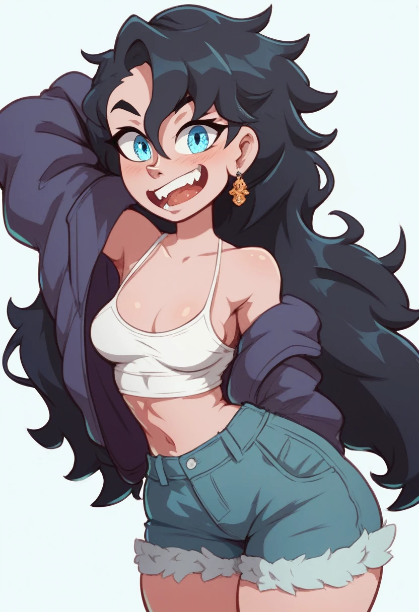 Ralph Bakshi Style, Curvy blue eyed girl with long wavy black hair and small breasts, (cruel_expression):3.0, (cum dribbling flaccid penis)