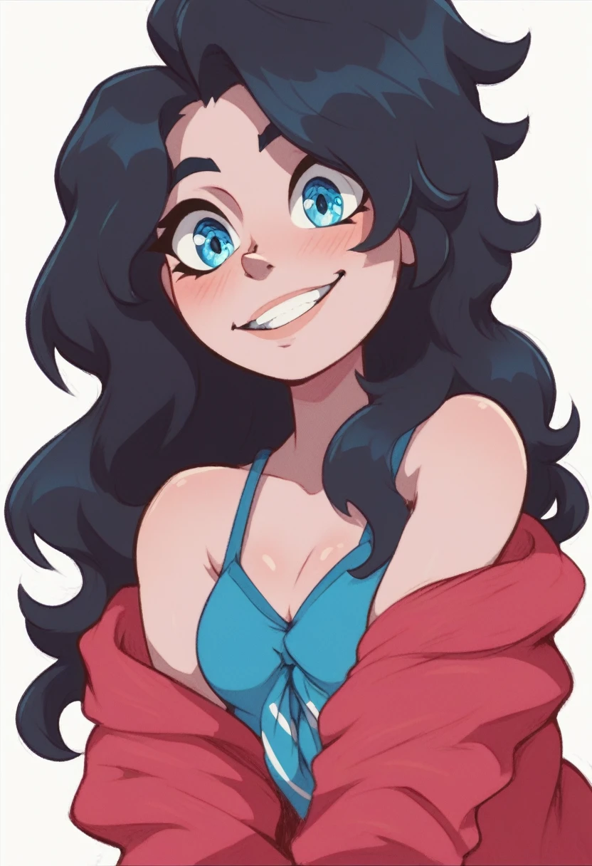Ralph Bakshi Style, Curvy blue eyed shemale with long wavy black hair and small breasts, sneering,
