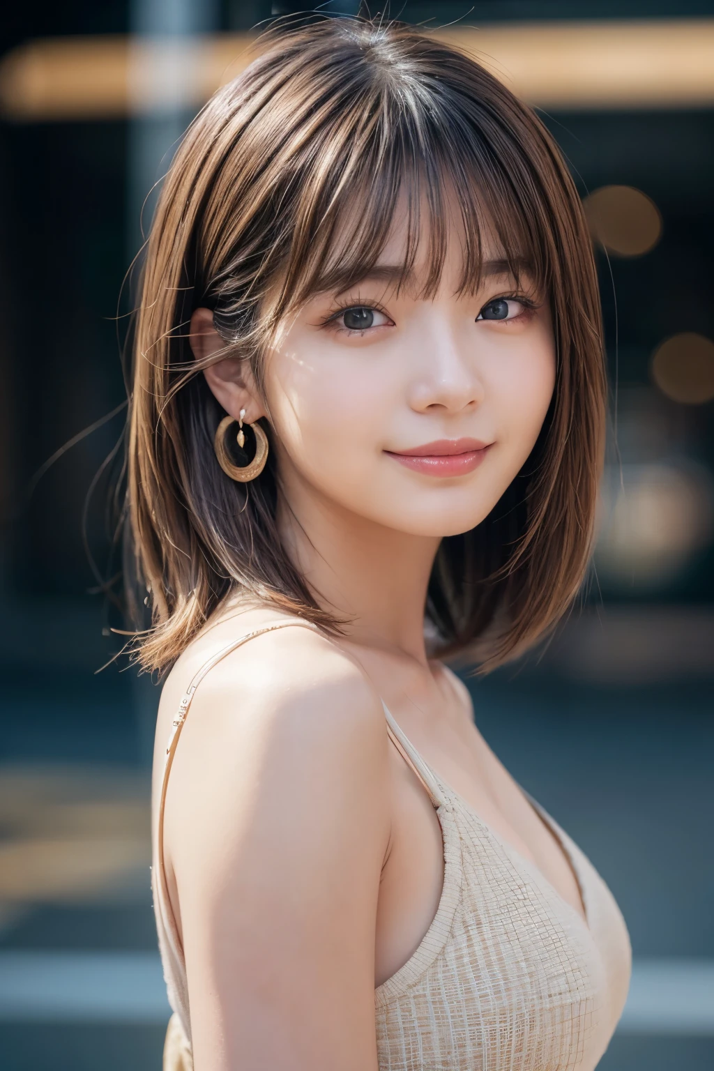 Upper Body、Beauty、Well-formed face、20-year-old、Uniform eyes、Small face、, light brown hair, hair over shoulder, parted bangs, straight hair, expressive hair, shiny hair, earrings, seductive smile, Surrealism, cinematic lighting, first-person view, pov, f/1.2, Nikon, UHD, textured skin, best quality, highres, 8k