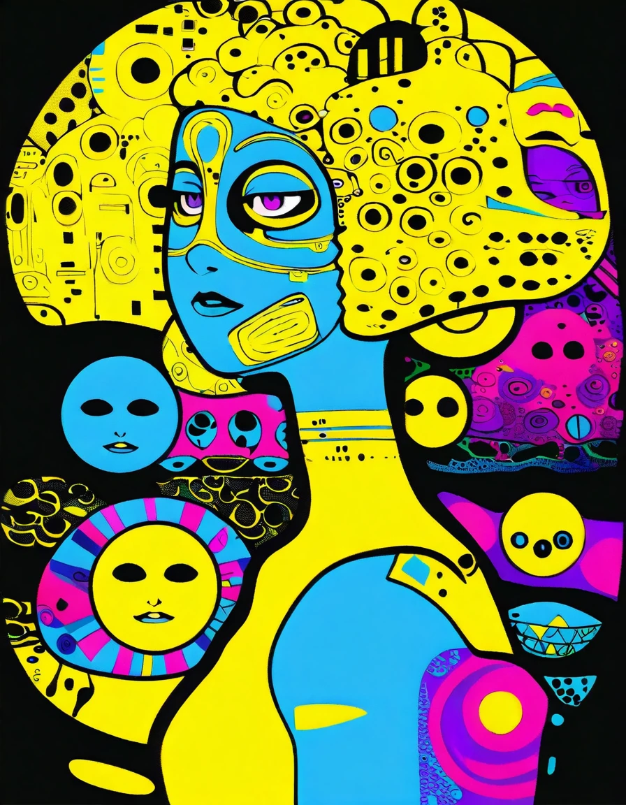 in style of graphic novel , portrait,in style of Joelle Jones, UV light mask face character, ink art, side view