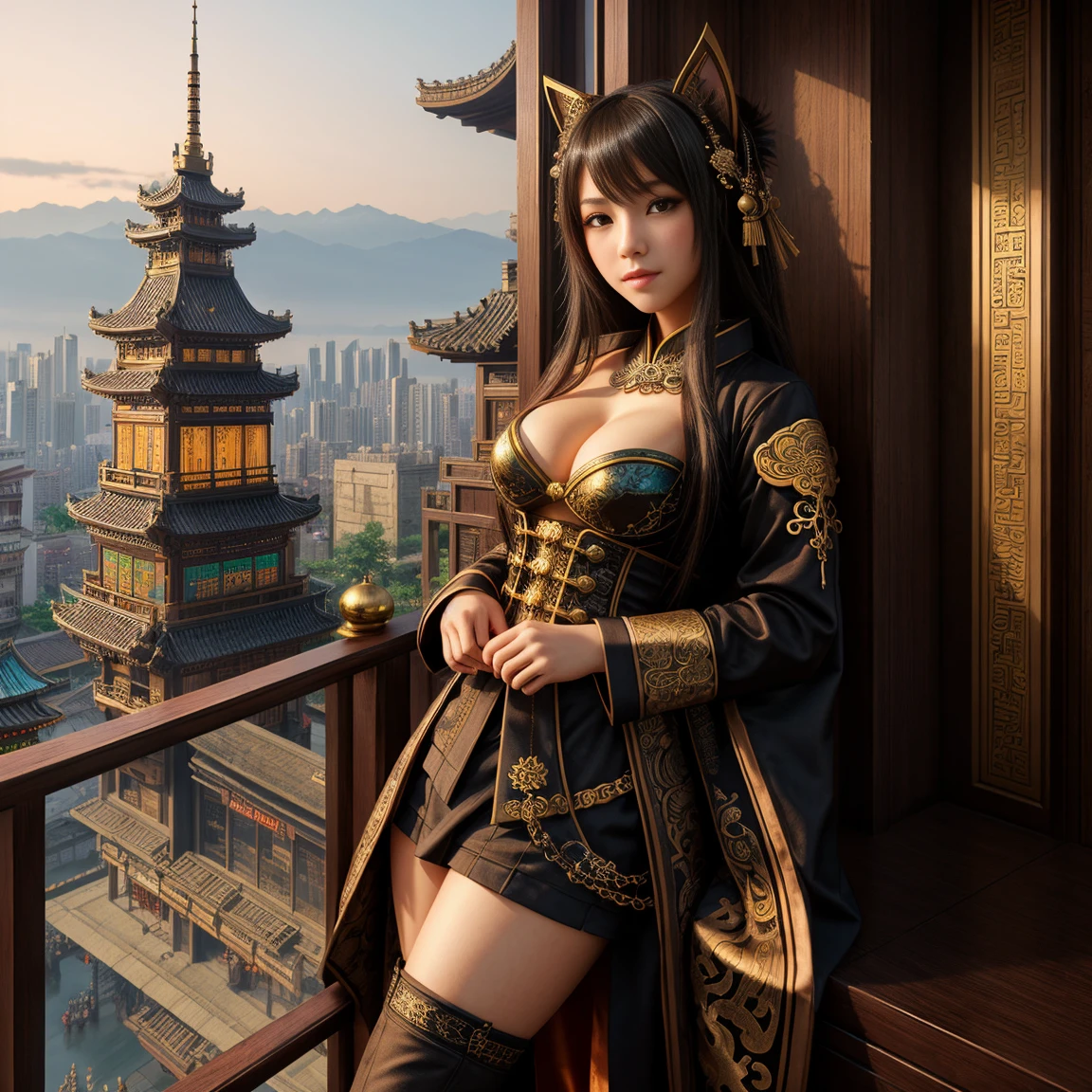 (best quality), girl,oriental detailed background, oriental cityscape, steampunk, miko