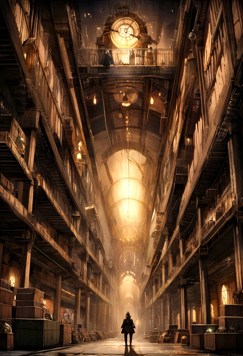 black market, dark, inside a giant warehouse, steampunk style