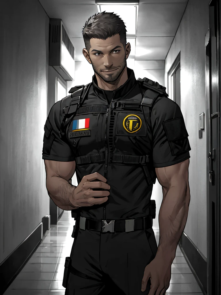 1 man, solo, 35 year old, pivaarts, wearing grey T shirt, smirks, black color on the shoulder and a bsaa logo on the shoulder, millitary tactical suit, tall and hunk, biceps, abs, chest, best quality, masterpiece, high resolution:1.2, upper body shot, dark black gloomy hallway with not background