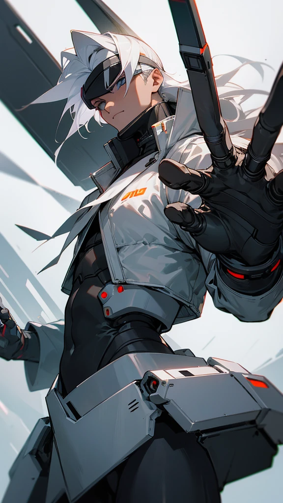 A 25 year old cyborg guy, with cybernetic hands and visor on, mid length white hair. Wearing urban clothing dark color. with visor and futuristic bow.