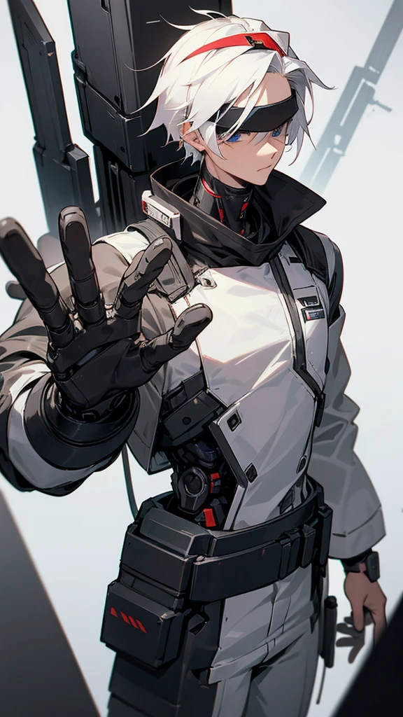 A 25 year old cyborg guy, with cybernetic hands and visor on, mid length white hair. Wearing urban clothing dark color. with visor and futuristic bow. 