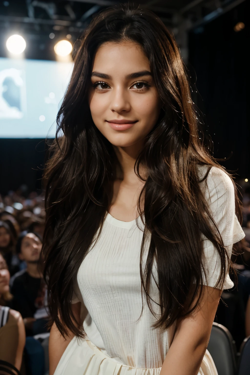 realistic, highres:1.2, ultra-detailed), a 19-year-old girl with long and black hair, beautifully styled and flowing, styled in a natural way. This girl has a radiant smile and expressive, deep brown eyes that captivate the viewer's attention. Her eyes are mesmerizing and full of life, with long and thick lashes. posing infront of a concert