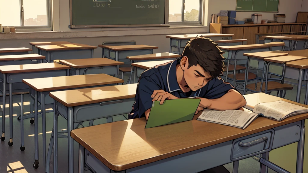 A tired boy in the classroom at a school