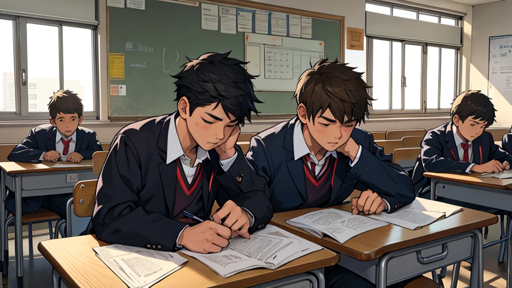 A tired boy in the classroom at a school